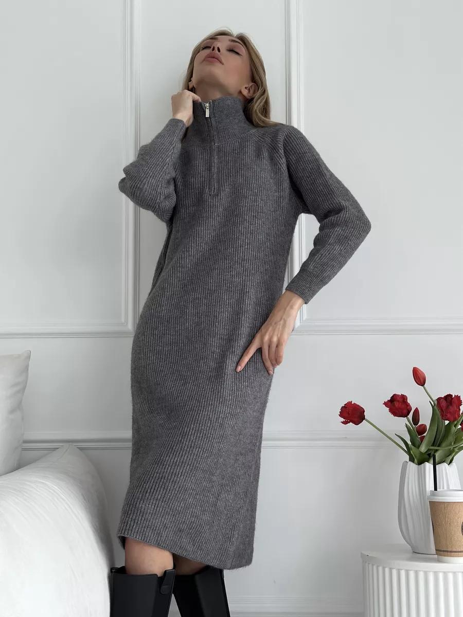 Turtleneck Half Zipper Woolen Dress Women Autumn Winter Loose Inner Wear Base Knitting Dress One Size Gray