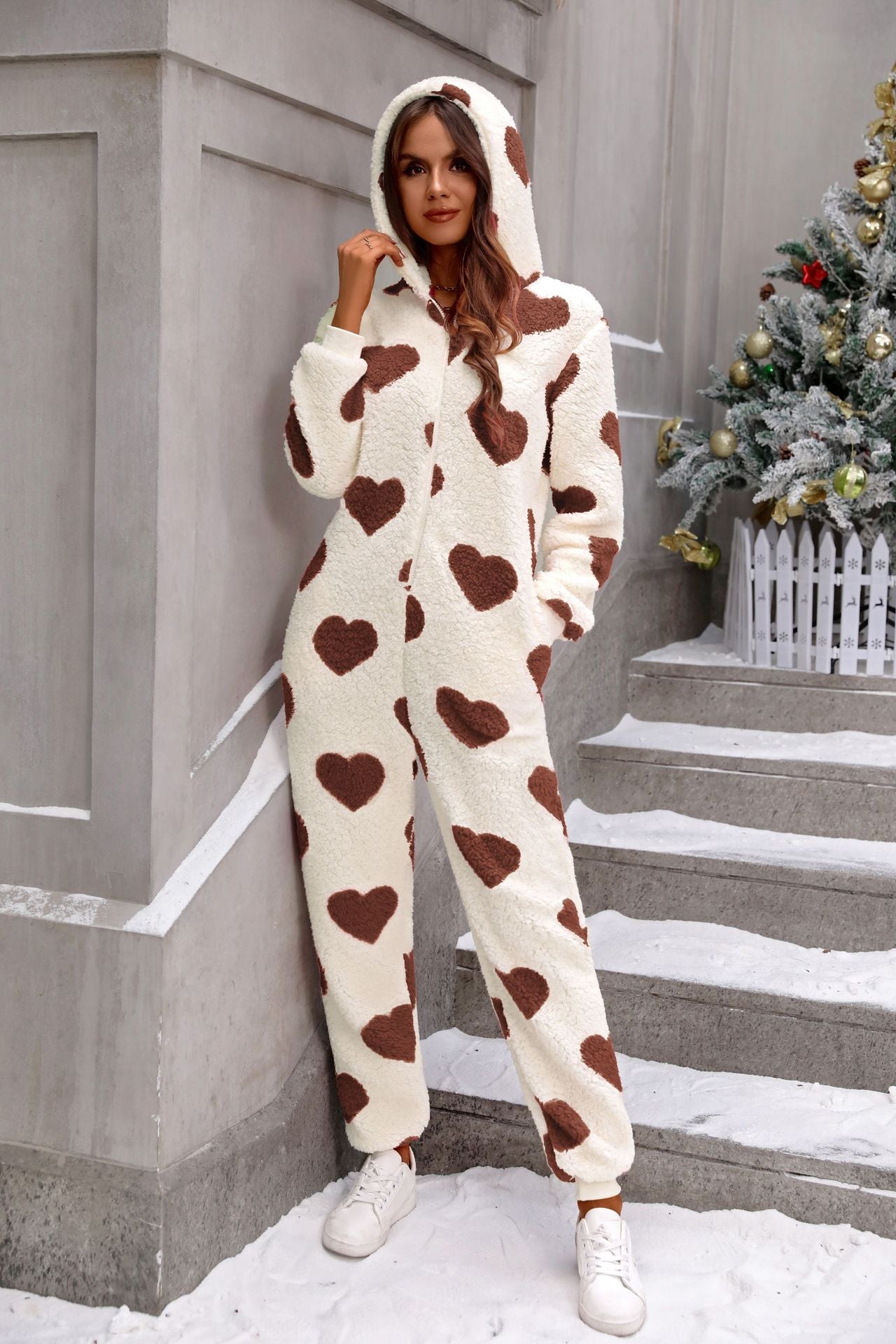 Women Clothing Autumn Winter Plush Loving Heart Printed Christmas Hooded Jumpsuit Khaki