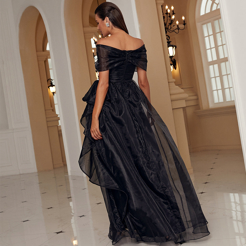 Adult Black off-the-Shoulder Low-Cut Mesh Stitching Princess Elegant High-End Evening Dress for Women Organza