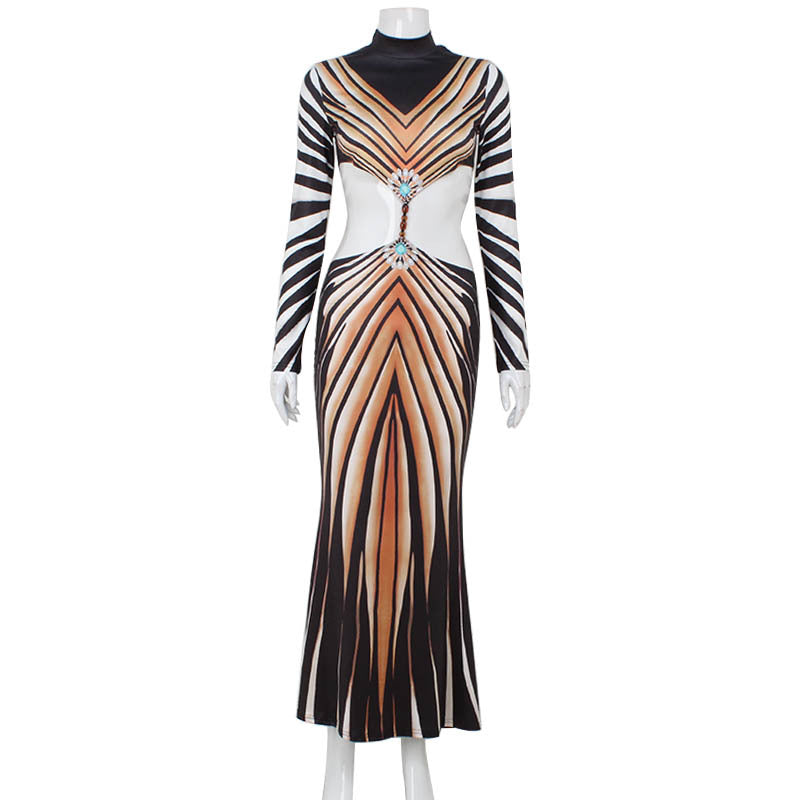 Women Personalized Striped Printed Ethnic Retro Hollow Out Cutout Backless Dress Performance Dress Printing