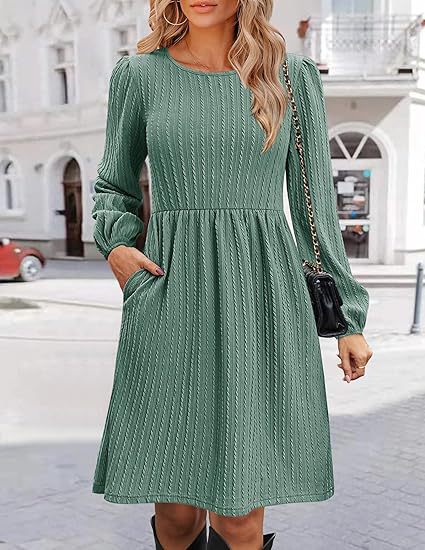 Women Clothing Round Neck Pocket Knitted Sweater Long Sleeve A Line Dress Green