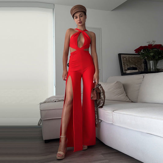 Bandage Jumpsuit Women High Grade Halter Cross Hollow Out Cutout Out Wide Leg Jumpsuit Sexy Party Party Jumpsuit