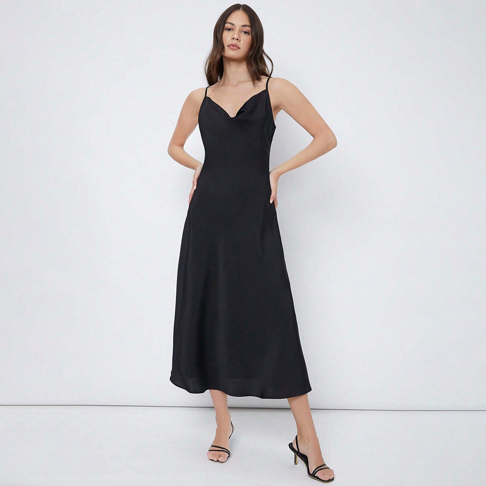 Swing Collar Glossy Satin Party Party Sling Dress Maxi Dress Black