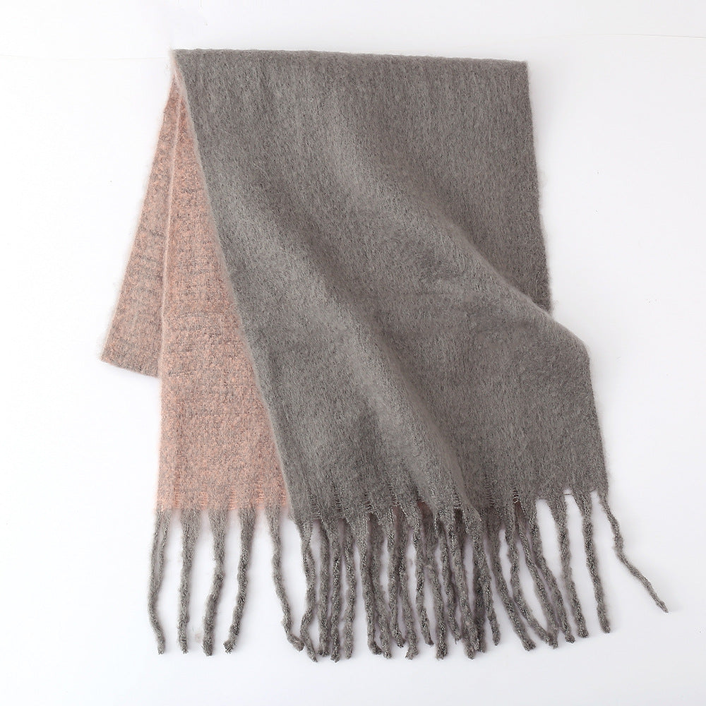 Scarf Women Winter Two Color Soft Glutinous Thickened Autumn Winter Thick Tassel Wild Couple Scarf One Size Pink Gray