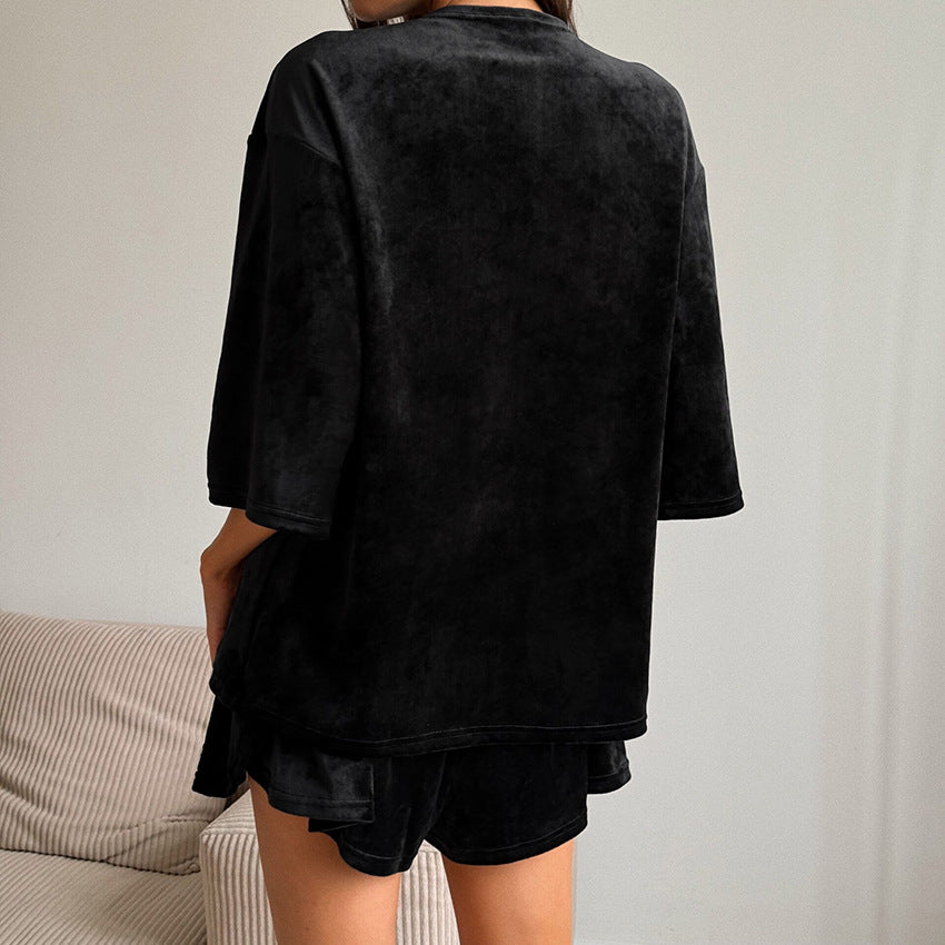 Autumn Black Knitted Velvet Women Home Wear Soft Comfortable Three Quarter Sleeve Shorts Pajamas Suit