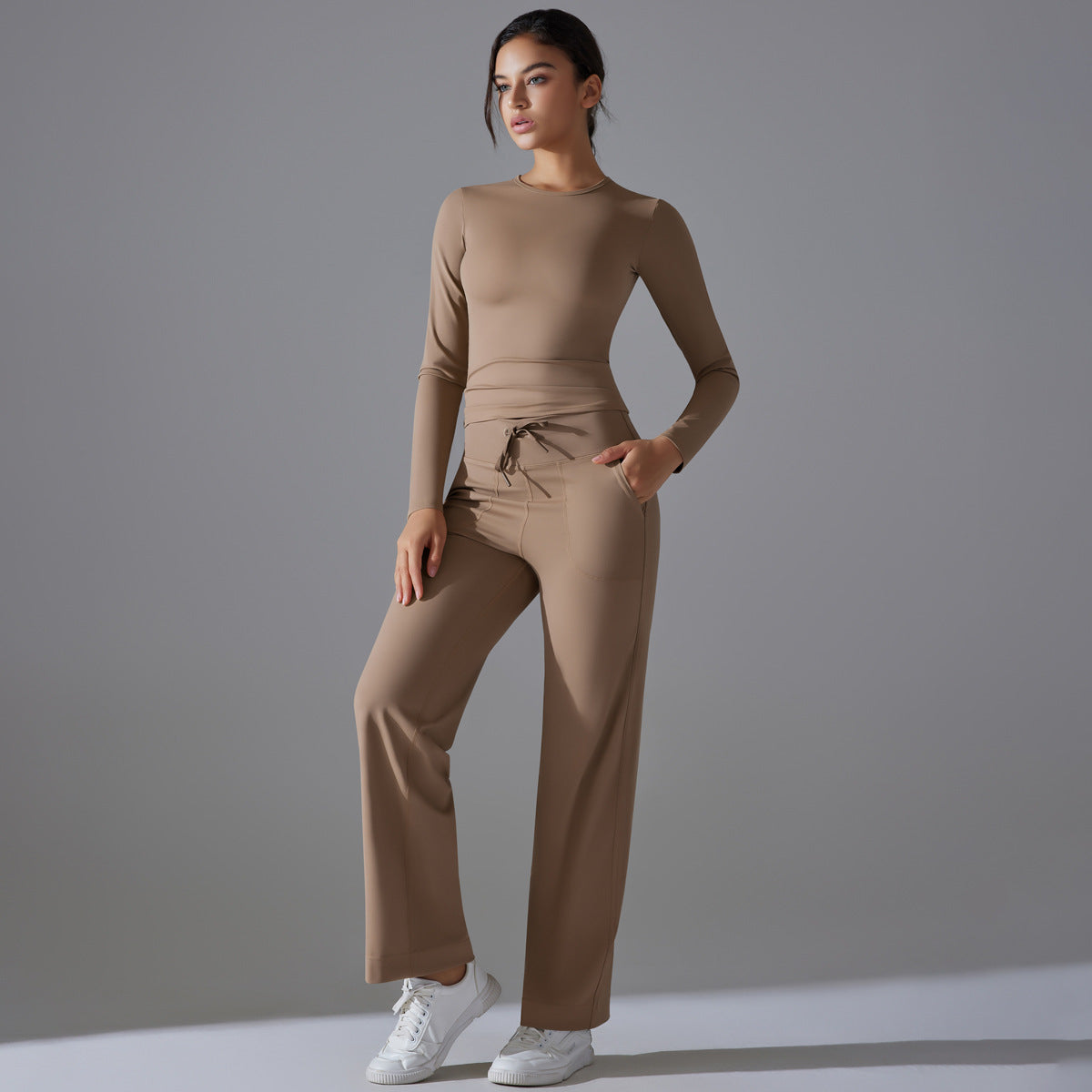 Nude Feel Skin Friendly Long Sleeve Yoga Wear High Strength Workout Clothes Pocket Running Sports Drawstring Wide Leg Pants Sets Cocoa