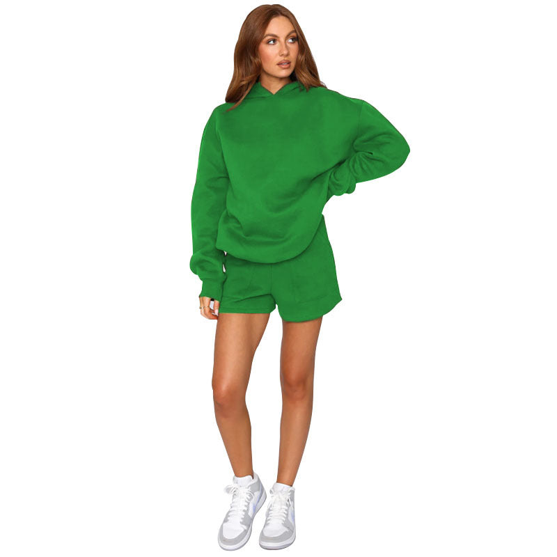 Autumn Winter Solid Color Hooded Pullover Long Sleeve Sweaters Women Clothing Shorts Suit Green