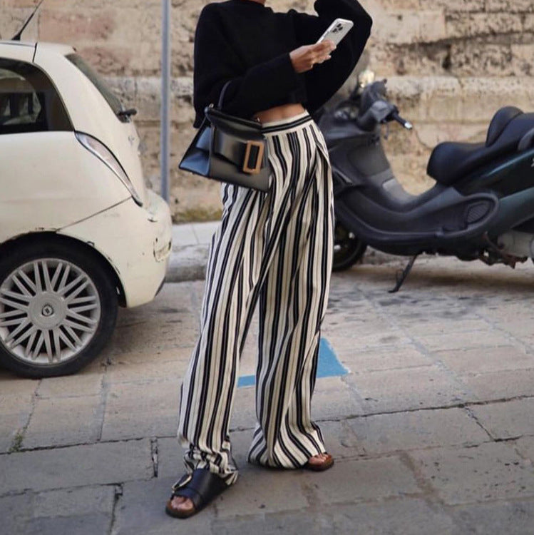 Women Clothing Black White Striped Wide Leg Pants Casual Slimming High Waist Loose Drooping Mop Trousers Women