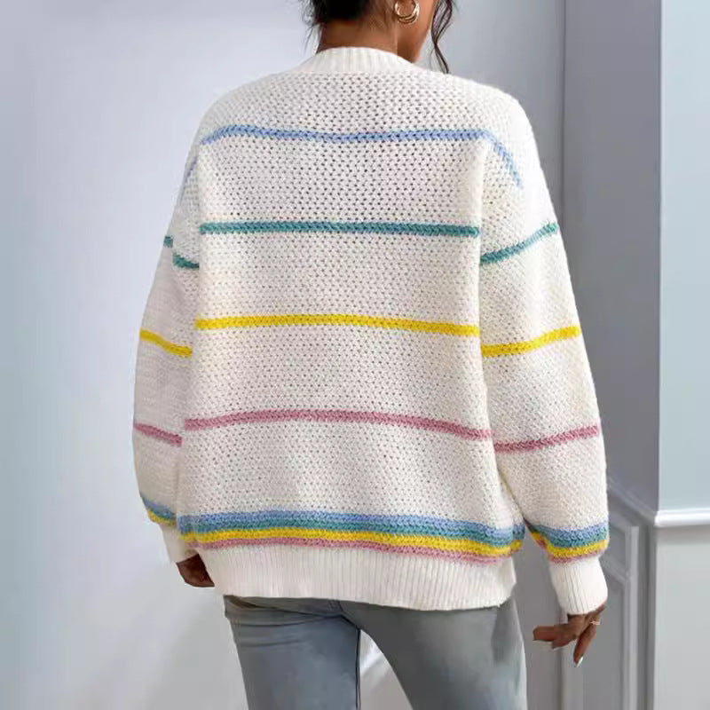 Autumn Winter Rainbow Bar Knitted Cardigan Women Sweater Loose Casual All Matching Sweater Coat