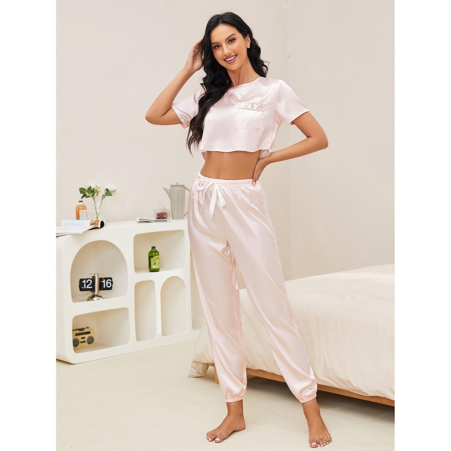 Pajamas Women Spring Autumn Artificial Silk Short Top Long Pajama Pants Home Wear Suit Champagne