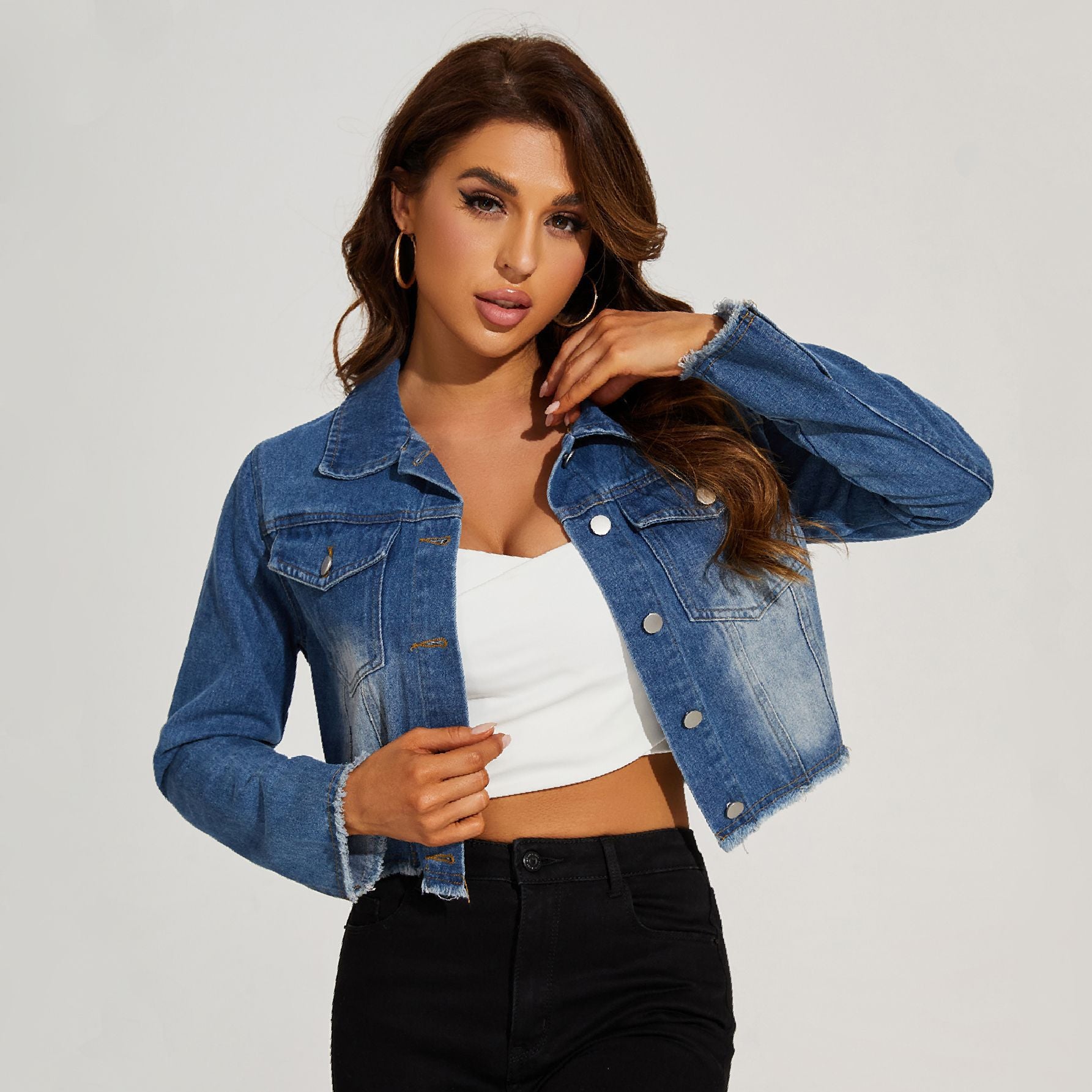 Denim Jacket Women Same Distressed Short Denim Jacket