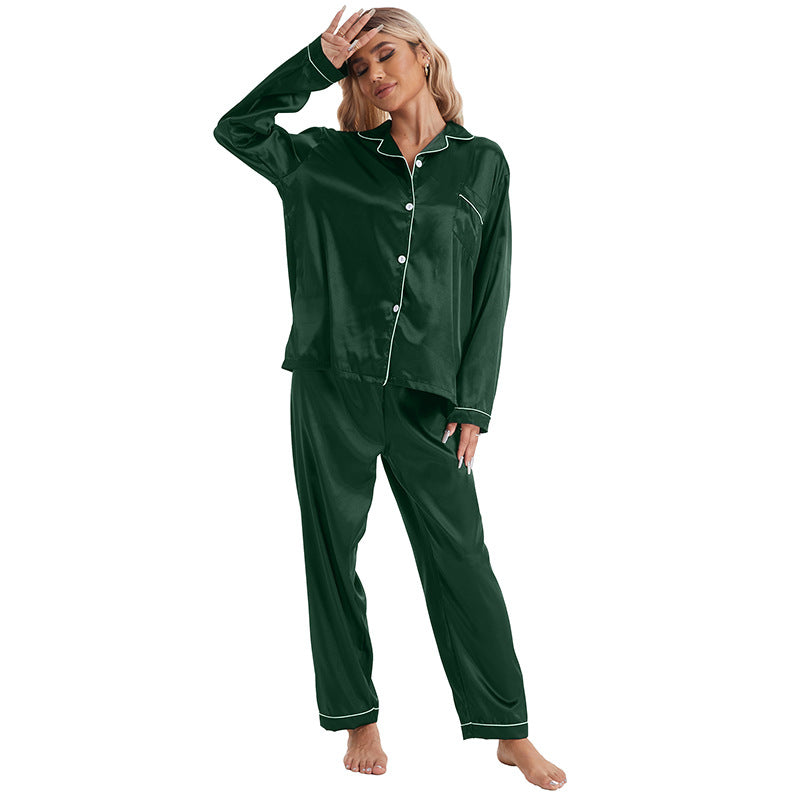 Home Wear Collared Ice Silk Pajamas Women Long Sleeved Trousers Two Piece Set Green