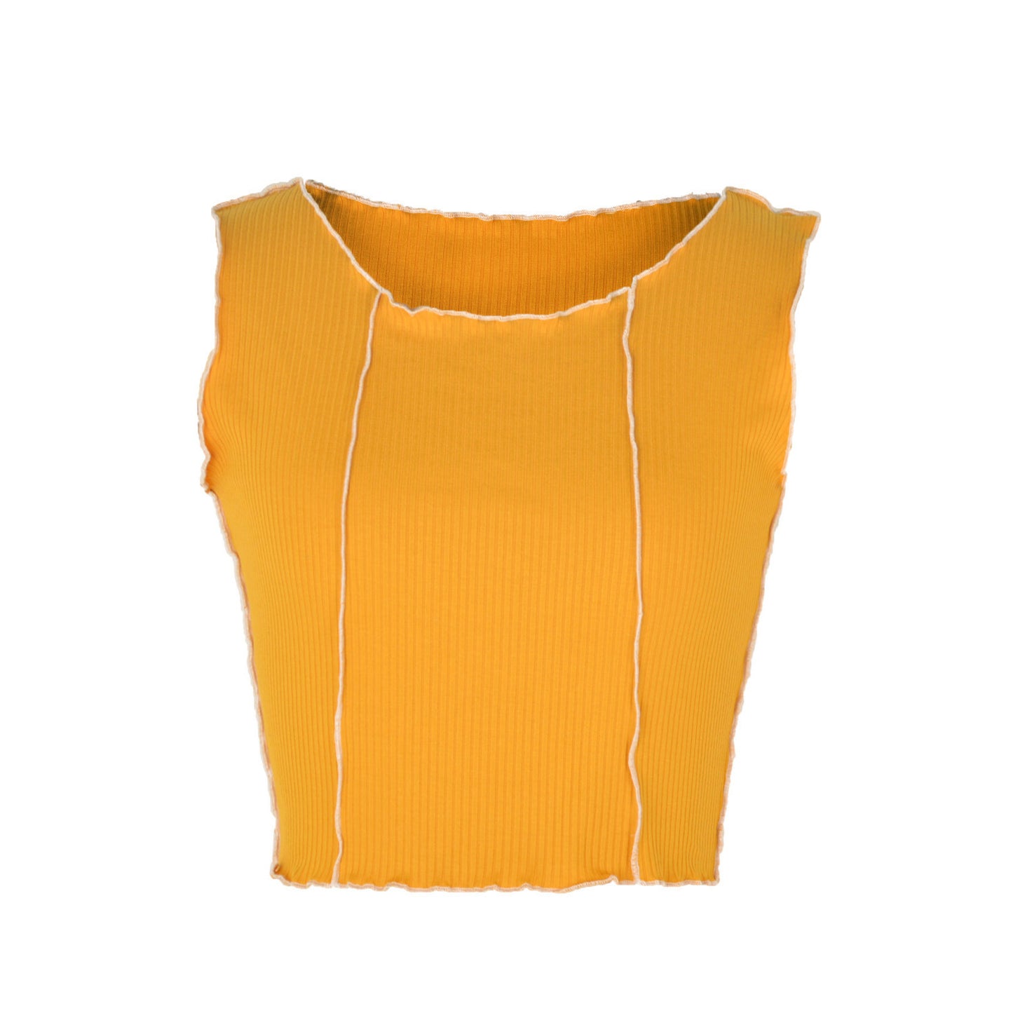 Summer Color Contrast Patchwork Women Vest round Neck Cropped Slim Top Women Yellow