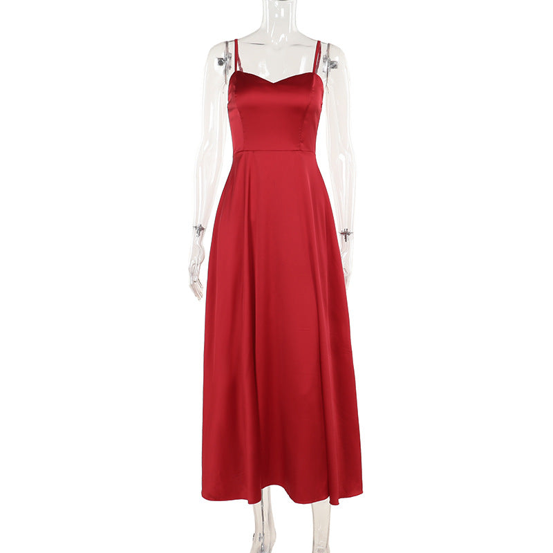 Summer Dress Socialite Elegant Sexy Slim Satin Sling A Expansion Women Red