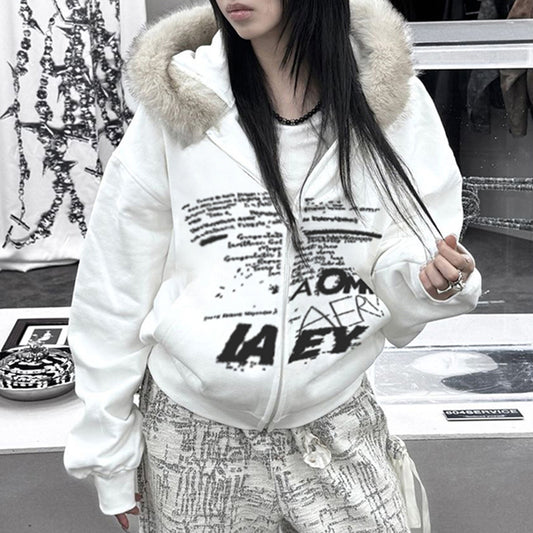 Retro Simple Letter Graphic Print Furry Stitching Hooded Cardigan Top Autumn Winter Thermal Velvet Sweater Coat