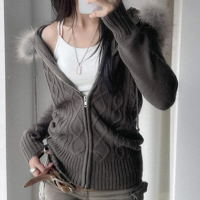 Autumn Winter Retro Twist Zipper Cardigan Sweater Slim Fit Sexy Warm Furry Hooded Jacket Two Piece Sets