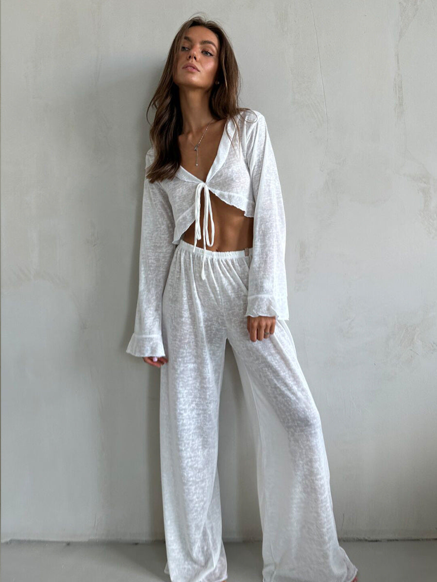 Pajamas Women Lazy Autumn Long Sleeved Trousers Pajamas Casual Loose White