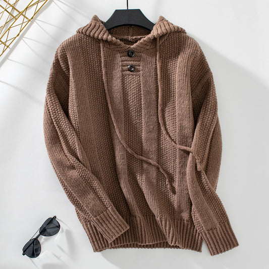 Solid Color Hooded Sweater Autumn Winter Loose Long Sleeve Drawstring Pullover Women Sweater Brown