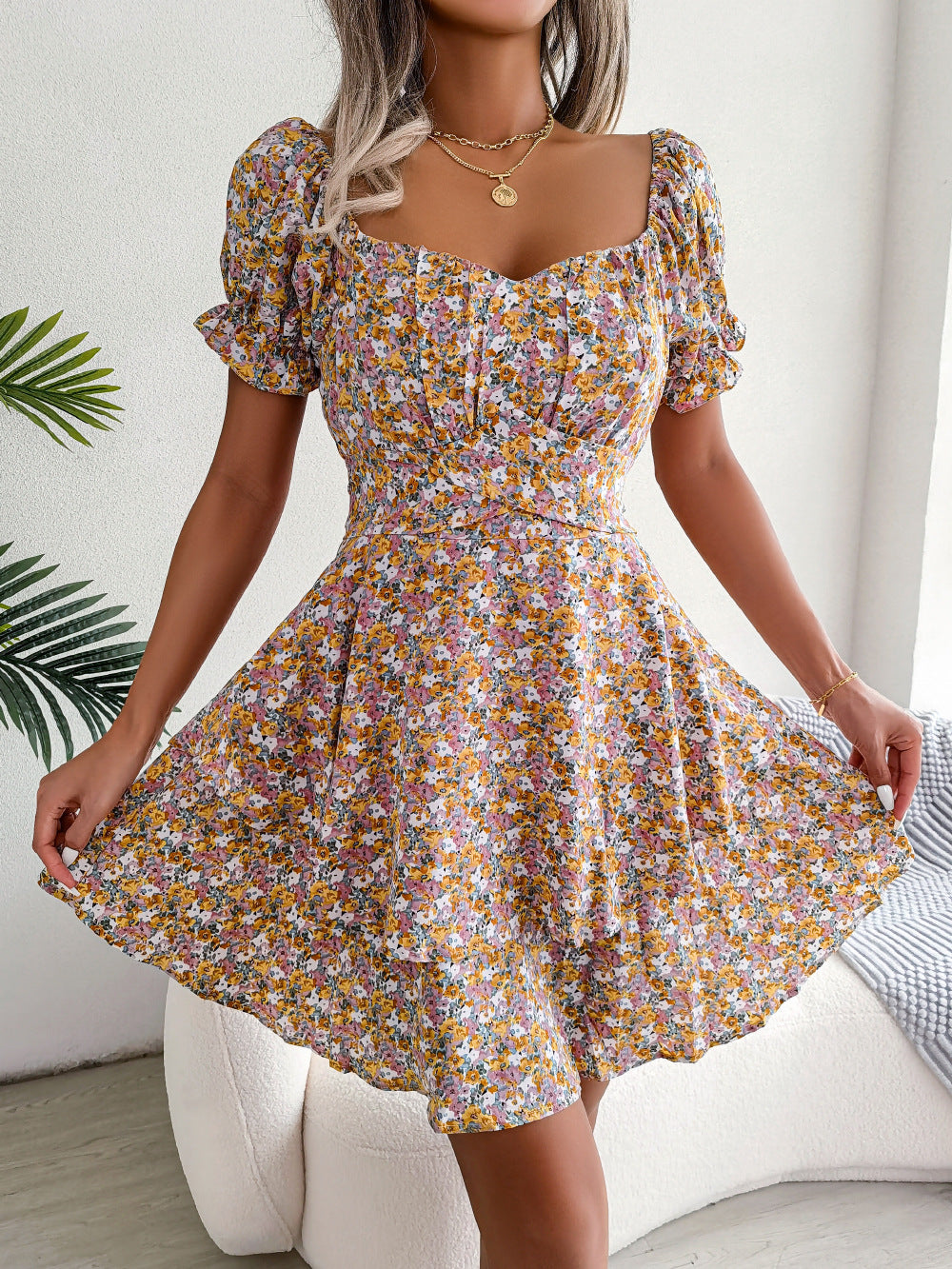 Spring Summer Elegant Floral Lace-up Waist-Controlled Large Hem Dress Women Clothing Yellow