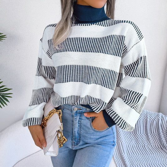 Autumn Winter Street Striped Lantern Sleeve High Collar Bottoming Sweater Women Clothing