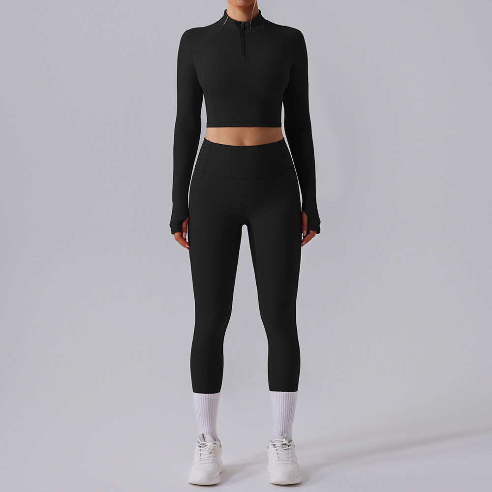 Long Sleeve Quick Drying Slim Fit Thin Yoga Wear Lightweight Breathable Yoga Trousers Sports Fitness Yoga Two Piece Sets YW534 Kw297 Black