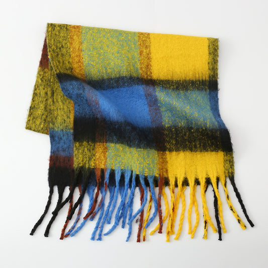 Autumn Winter Rainbow Plaid Cashmere like Tassel Scarf Women Mohair Thickening Shawl Warm Scarf One Size No. 6 Color