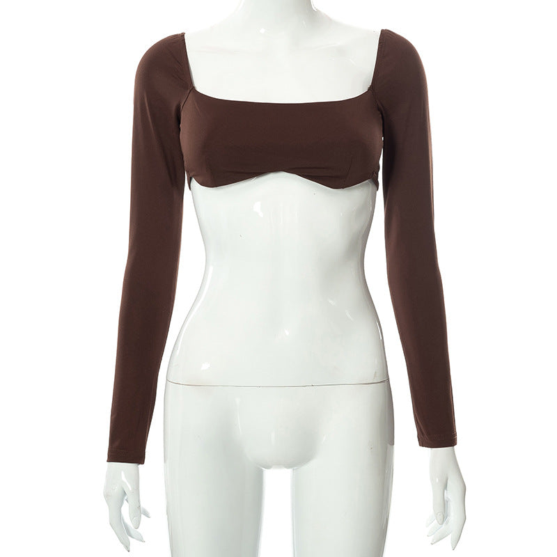 Summer Solid Color Sexy Slim Long Sleeve Casual Cropped Top Brown