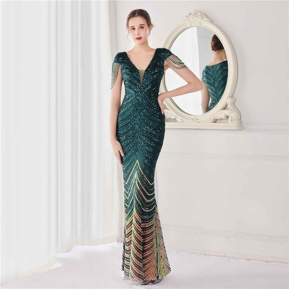 Positioning Floral Sequin Craft Beaded Party Party Evening Dress Sexy Long Toast Dress Bride Green