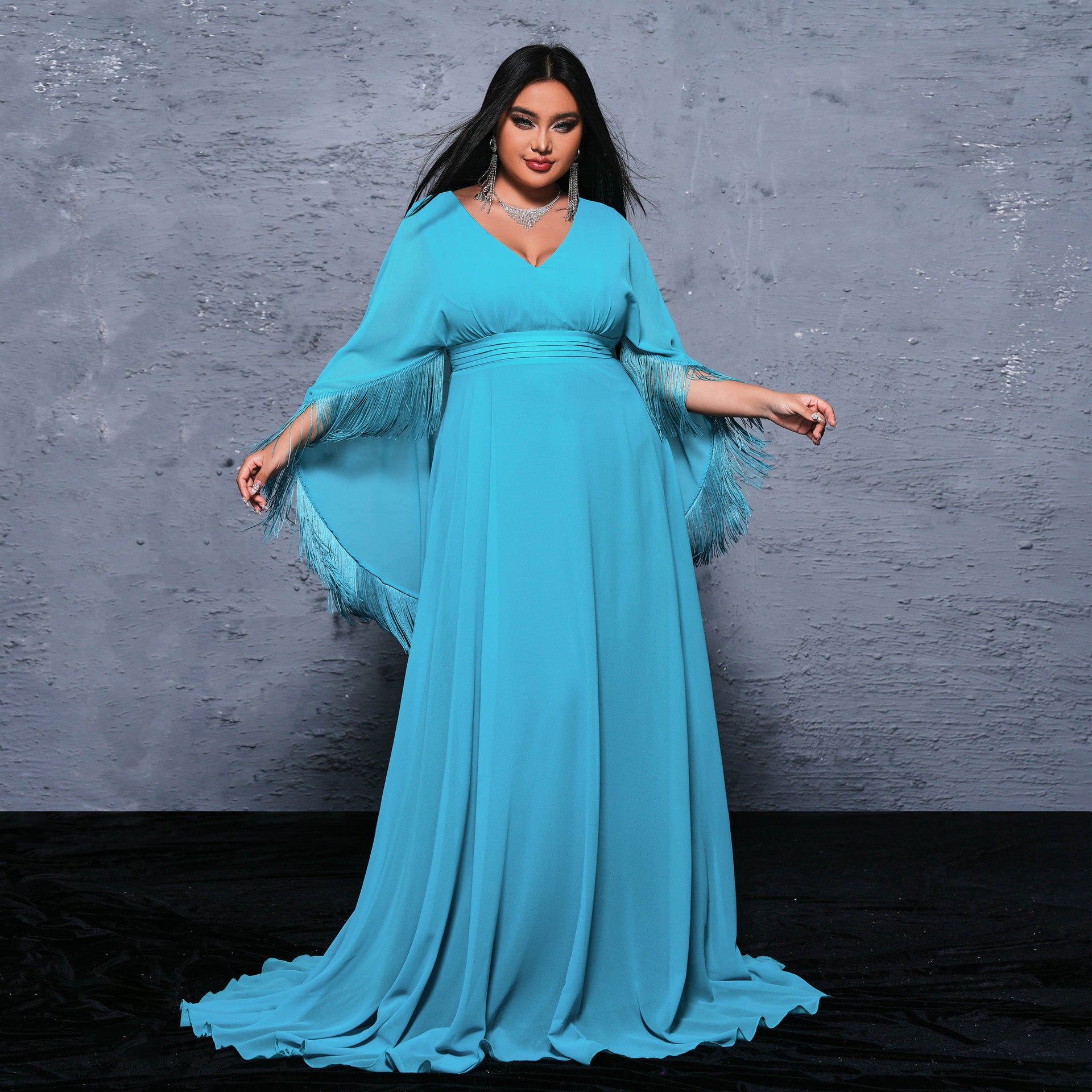 Plus Size Women Clothes Long V Neck Cocktail Long Wrap Sexy Evening Dress Large Swing Dress Green