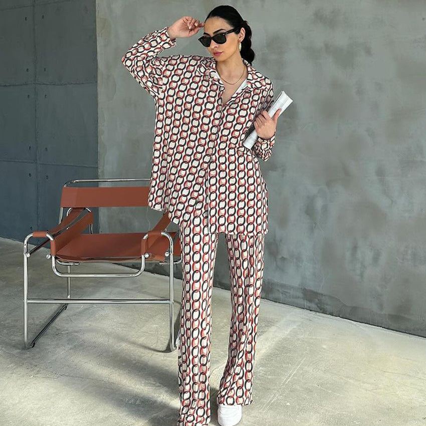 Satin Printed Loose Cardigan Pajamas Ice Silk Breathable Long Sleeves Trousers Home Wear Can Be