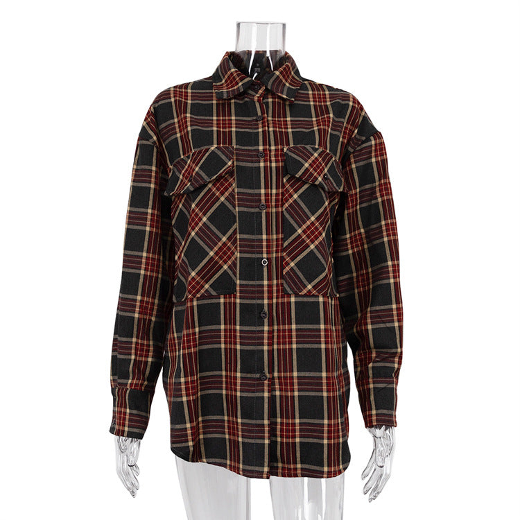 Women Clothing Autumn Retro Plaid Shirt Boyfriend Mid Length Loose Shacket Red