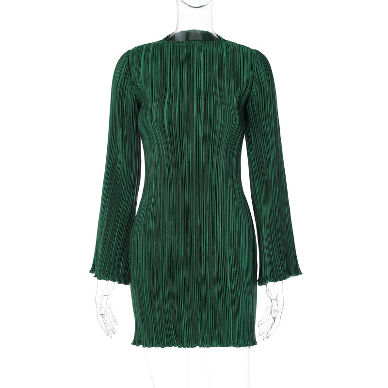 Women Clothing Autumn Personalized Striped Slim Fit round Neck Long Sleeves Sheath Dress Green