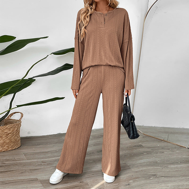 Casual Texture Wide Leg Pants two piece set round Neck Home Trousers Sets Coffee brown