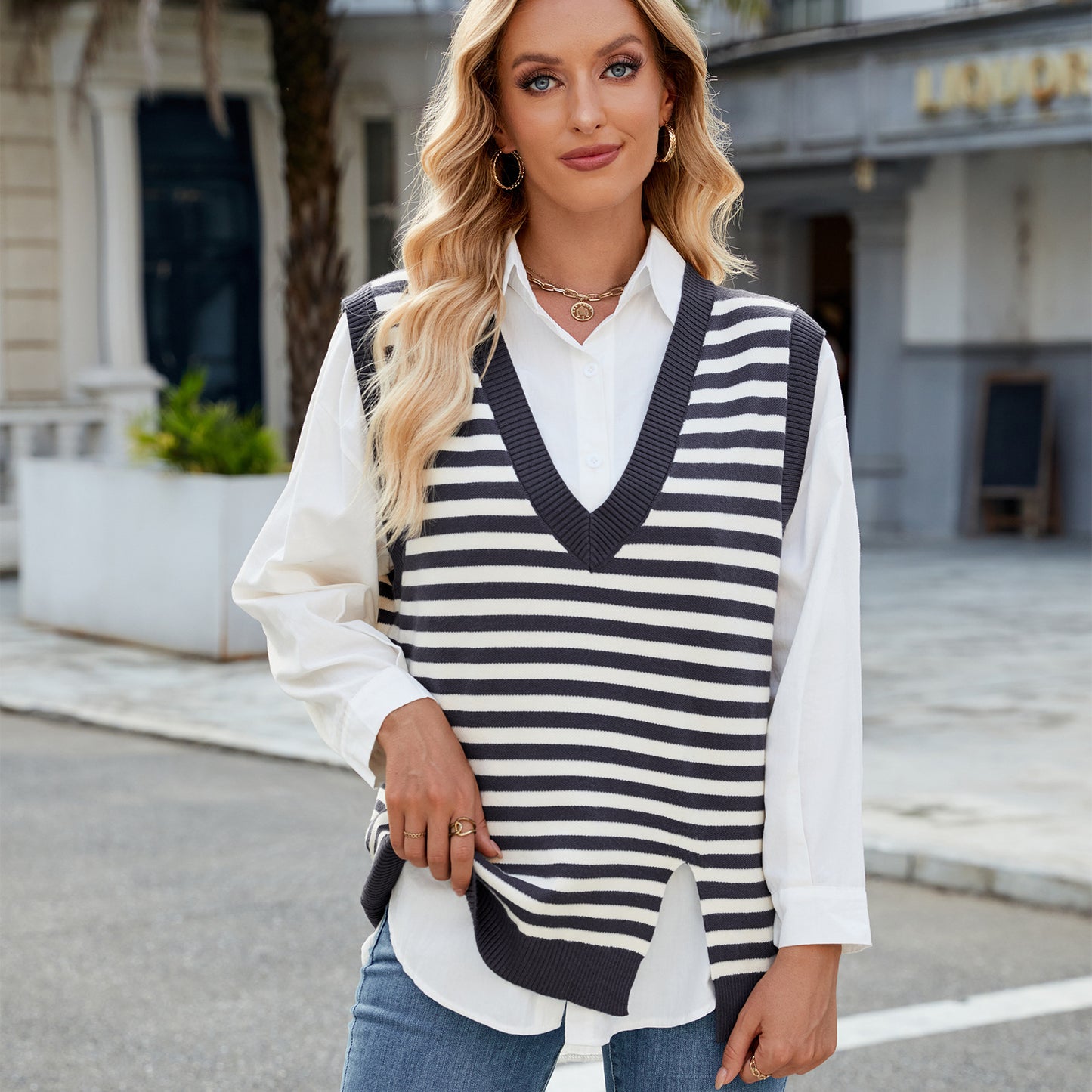 Women Clothing Casual V neck Split Sweater Waistcoat Vest Gray