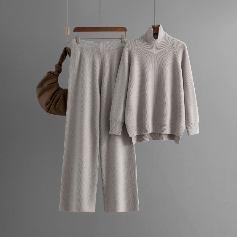 Autumn Winter Solid Color Knitted Wide Leg Pants Turtleneck Sweater Slit Two Piece Set One Size Grey