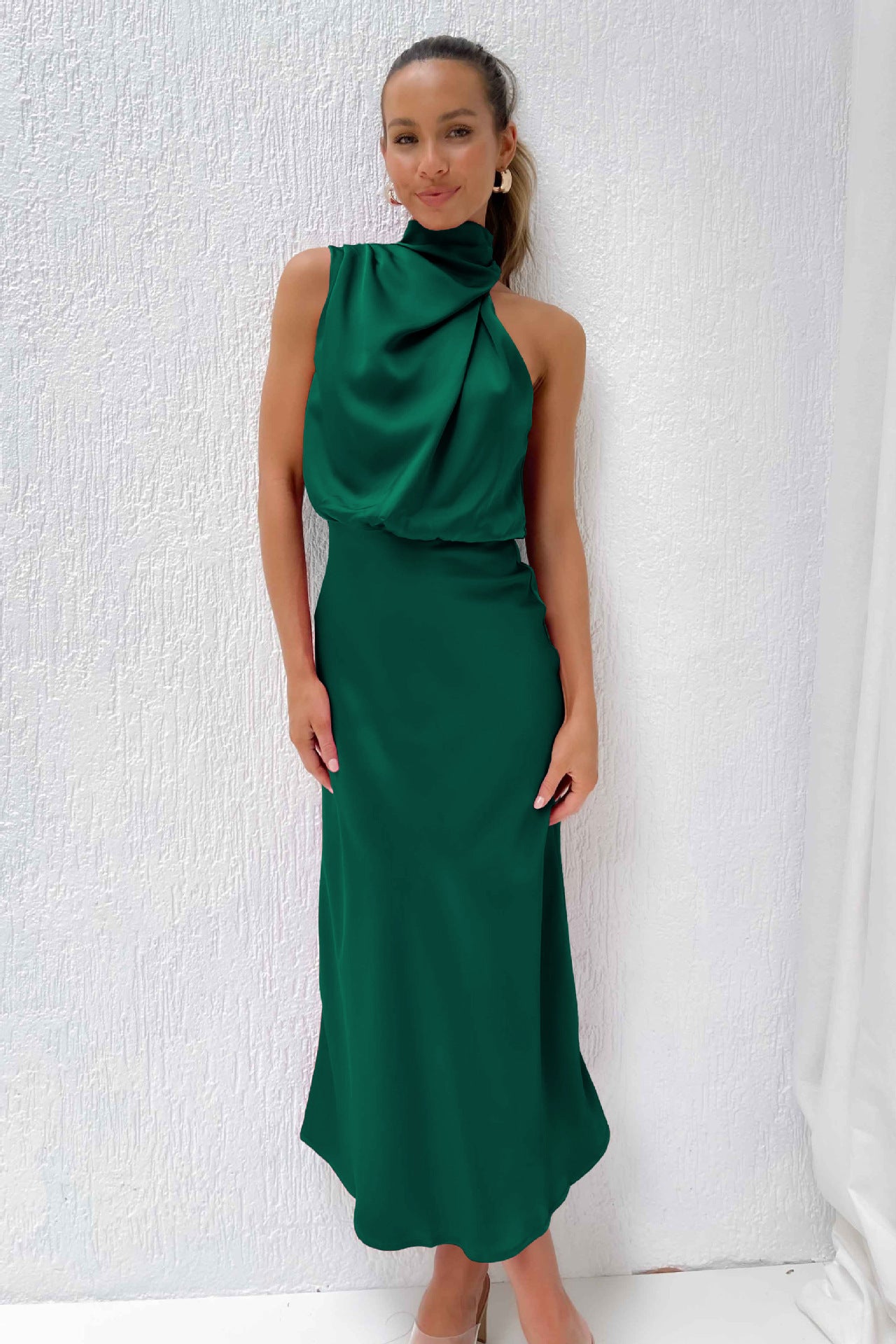 Spring Summer High Grade Satin Sleeveless Dress Fashionable Elegant Socialite Dark Green