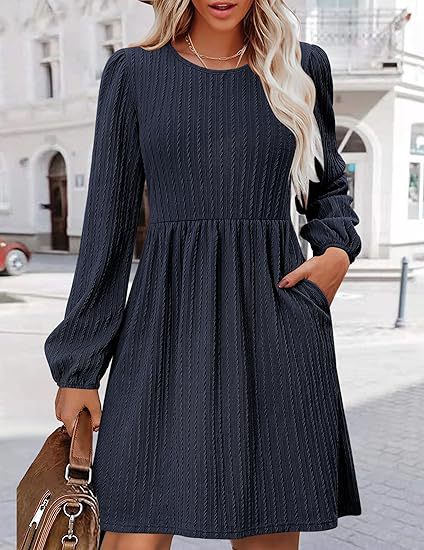 Women Clothing Round Neck Pocket Knitted Sweater Long Sleeve A Line Dress Navy Blue