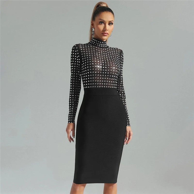 Mesh Stitching Autumn Winter Bandage One Piece Dress Women Sexy Turtleneck Diamond Nightclub Party Dress Black