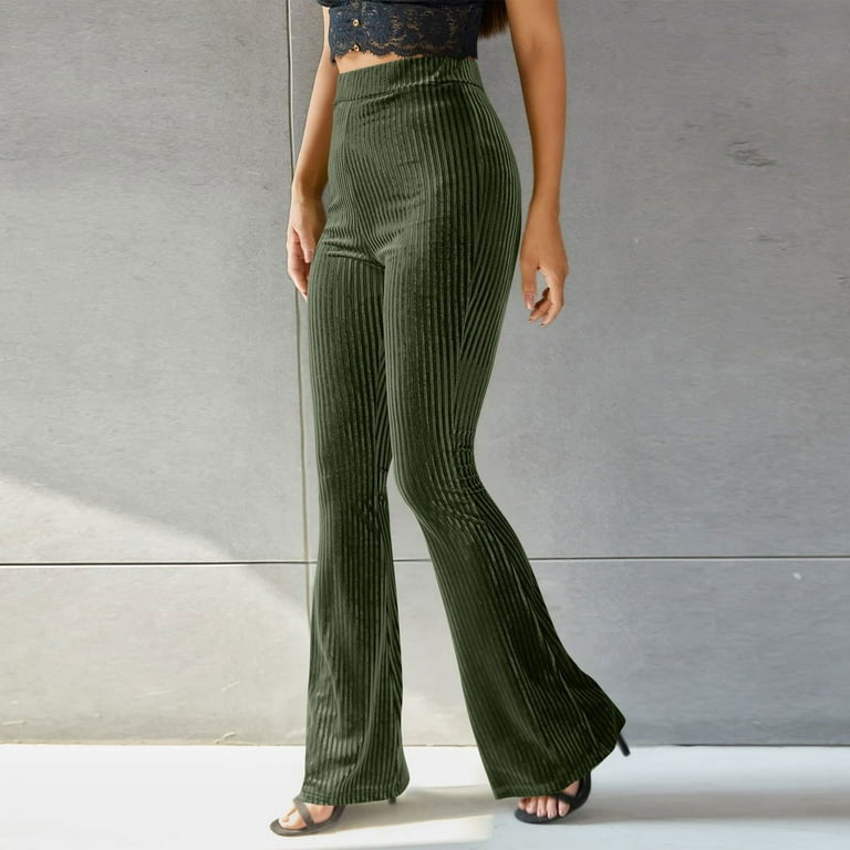 Women Clothing Sexy Solid Color High Waist Pleuche Sunken Stripe Bell Bottom Pants Green