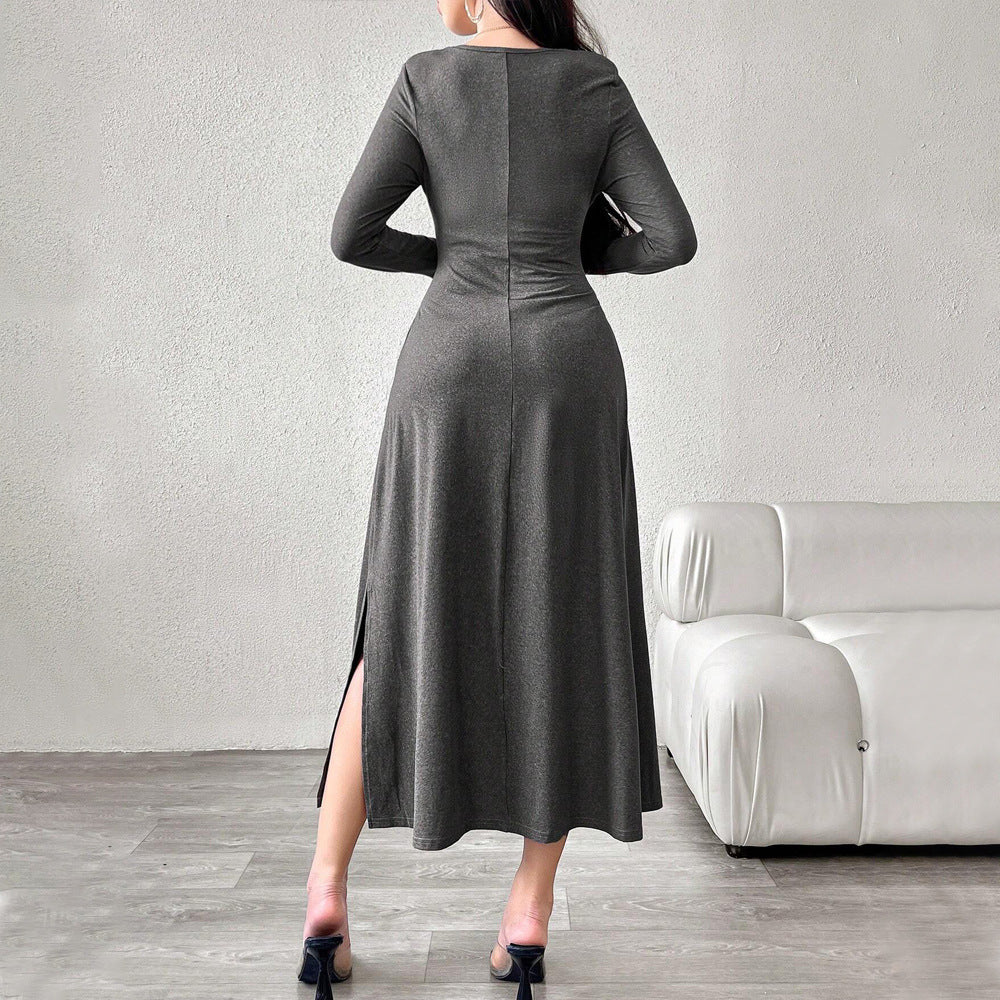 Women Clothing Elegant Pure Dress Autumn Winter Square Collar Pleated Waist Tight Slimming Midi Dress