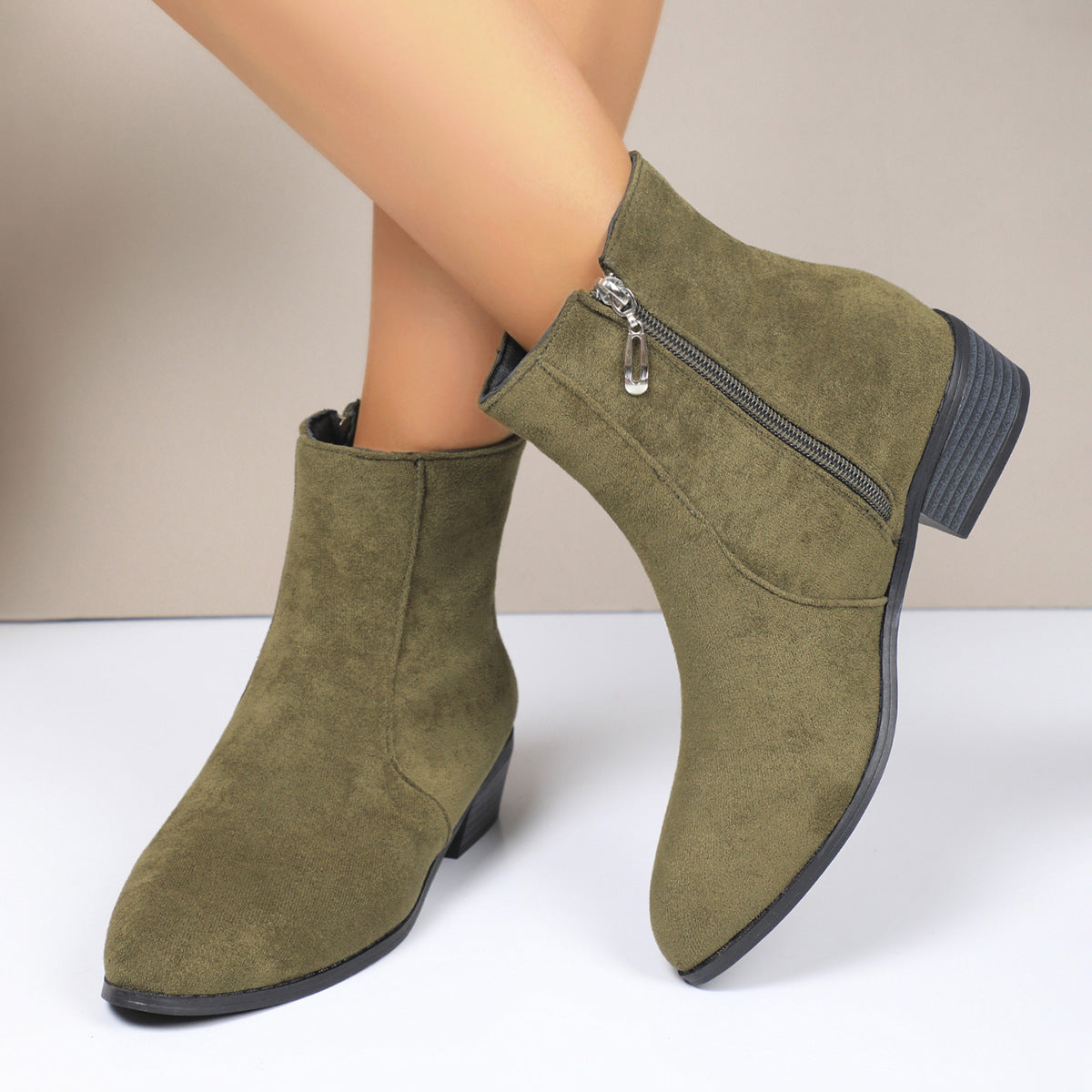 Suede Short Martin Boots Women Thick Heel with British Side Thin Coat with Zip Ankle Boots Army Green