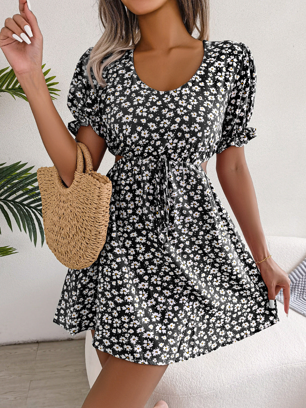 Spring Summer Casual Hollow Out Cutout out Tied Short Sleeve Floral Dress Women Clothing