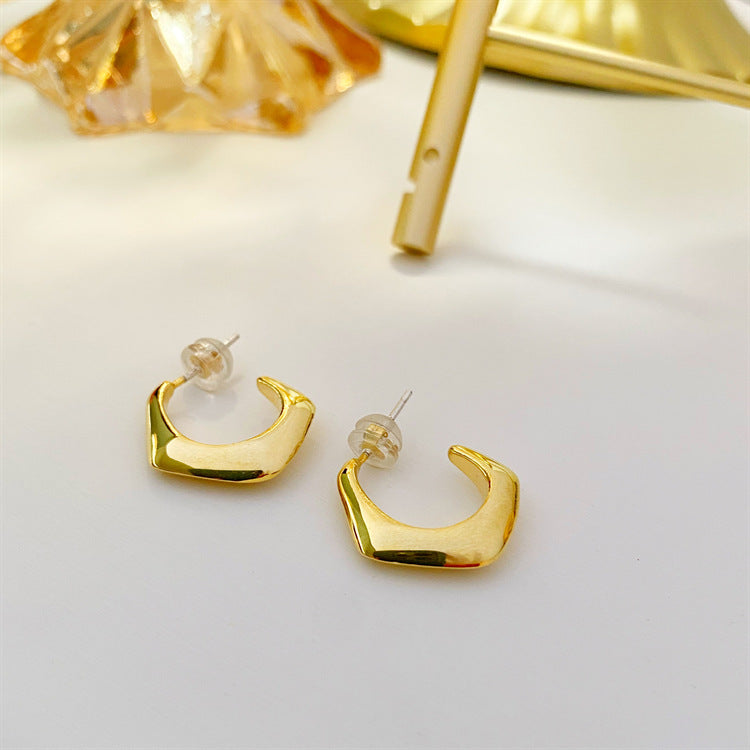 All Match Office Small C Shaped Stud Earrings Simple Exquisite 925 Silver Needle Real Gold Plating Geometric Abstract Frosty Earrings One Size Gold