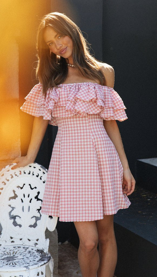 Women Clothing New Plaid off-Shoulder Ruffled Collar Show Fashion Dress