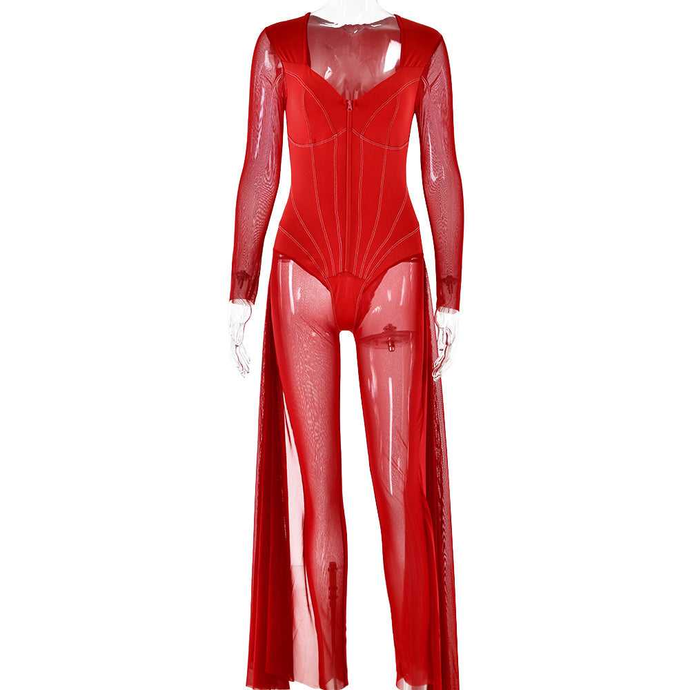 Summer Sexy Tight Jumpsuit Long Sleeve Mesh See Through V Neck Jumpsuit Red