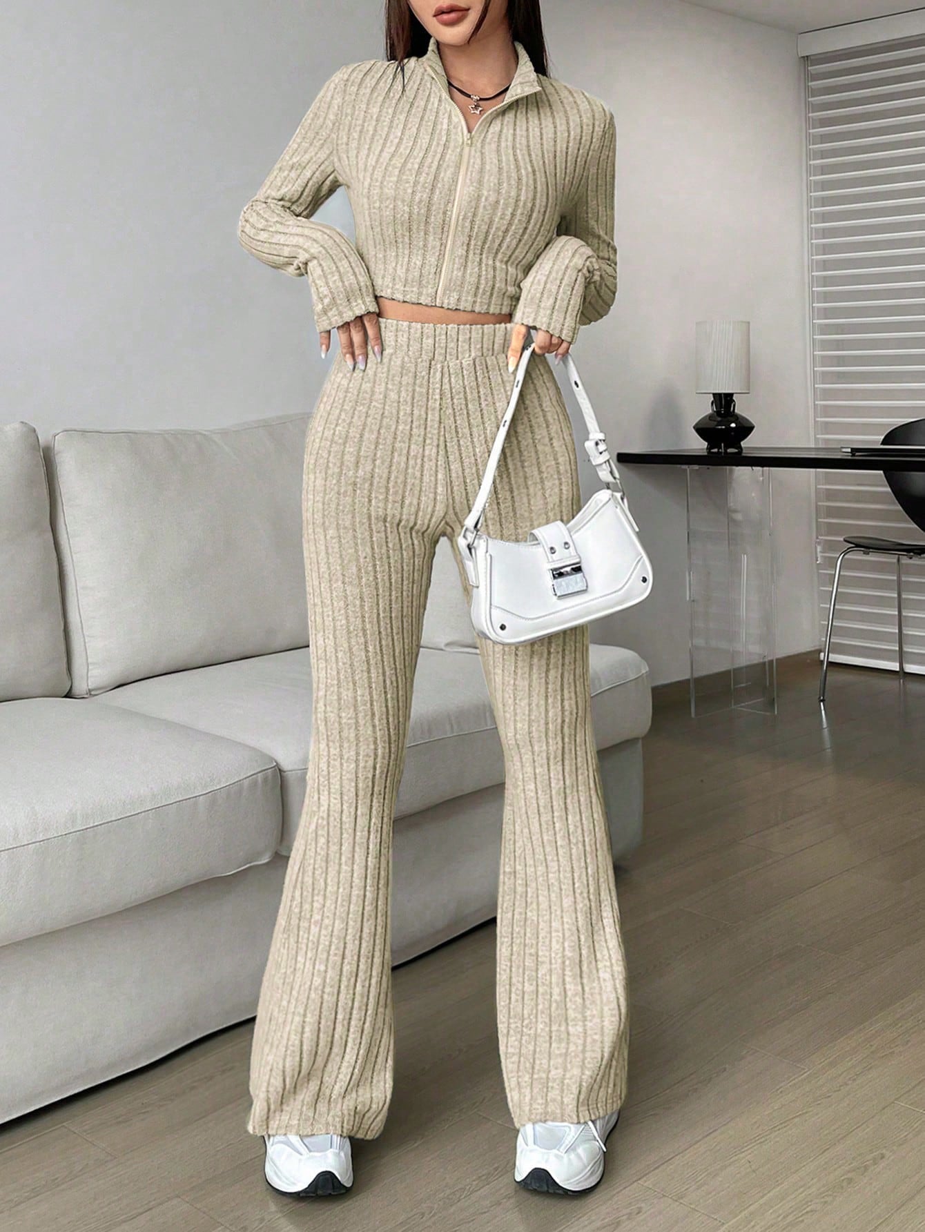 Zipper Cardigan High Waist Flared Pants Solid Color Knitwear Wide Leg Pants Sets Apricot