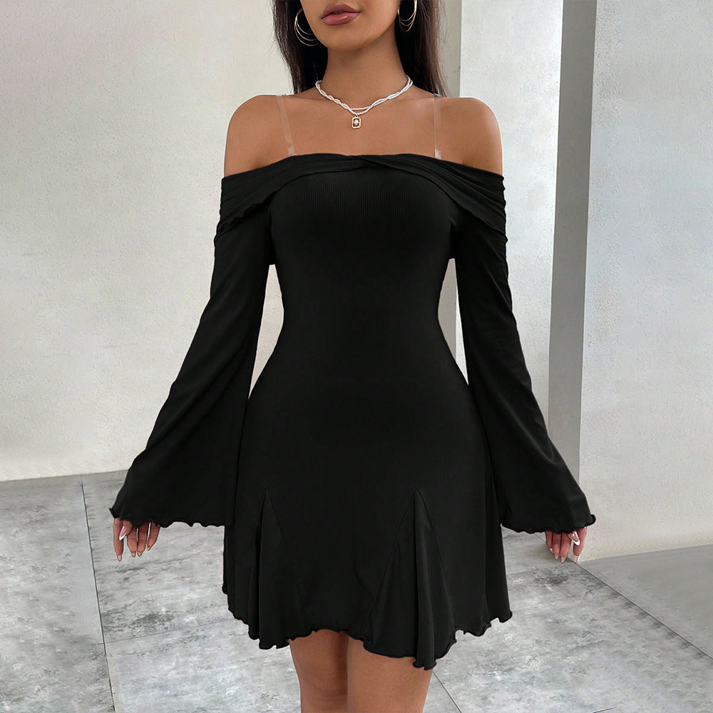 Women Clothing Adult Lady like Woman Sexy Dress Autumn Winter Invisible Sling off Neck Slim Fit