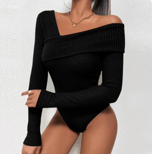 Casual One Piece Long Sleeves Solid Color Knitted off Shoulder Jumpsuit Spring Summer Women Clothing Black