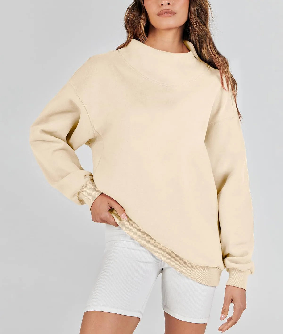 Autumn Winter Women Solid Color Stand Collar Sports Sweater Apricot