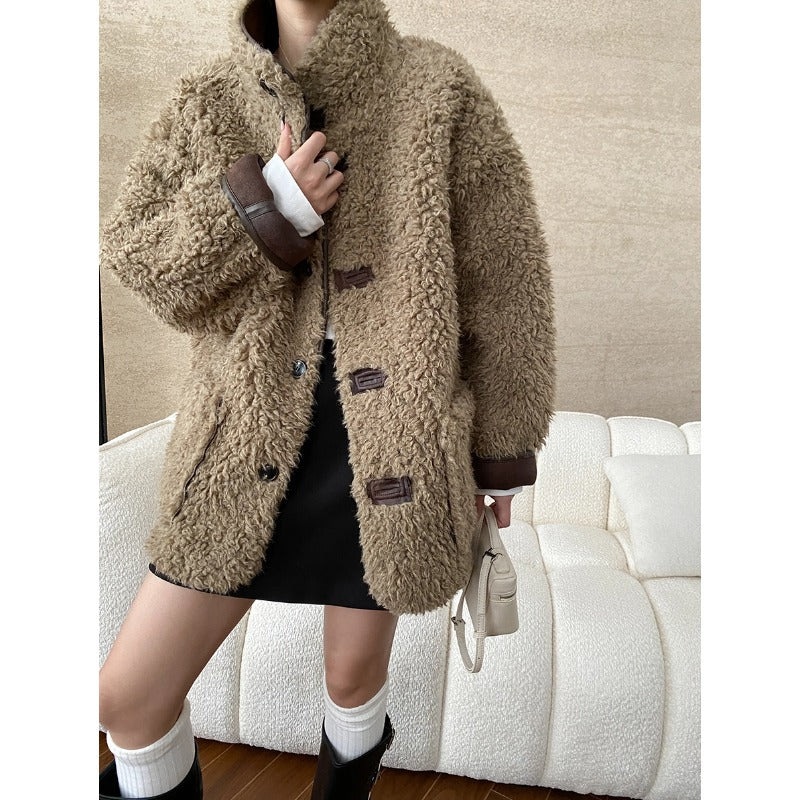 Double Sided Wear Thickened Imitation Lamb Wool Stitching Faux Leather Stand Collar Motorcycle Jacket